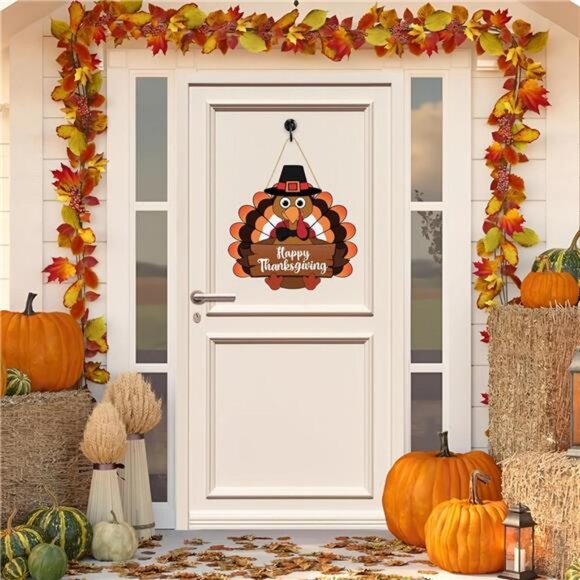 Thanksgiving Turkey Door Sign Happy Thanksgiving Wooden Front Doors Hanger - Picture 6 of 8